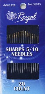 Sharps 5/10 (20шт) Набір довгих голок для шиття із золотим вушком Royal (Японія) 06015